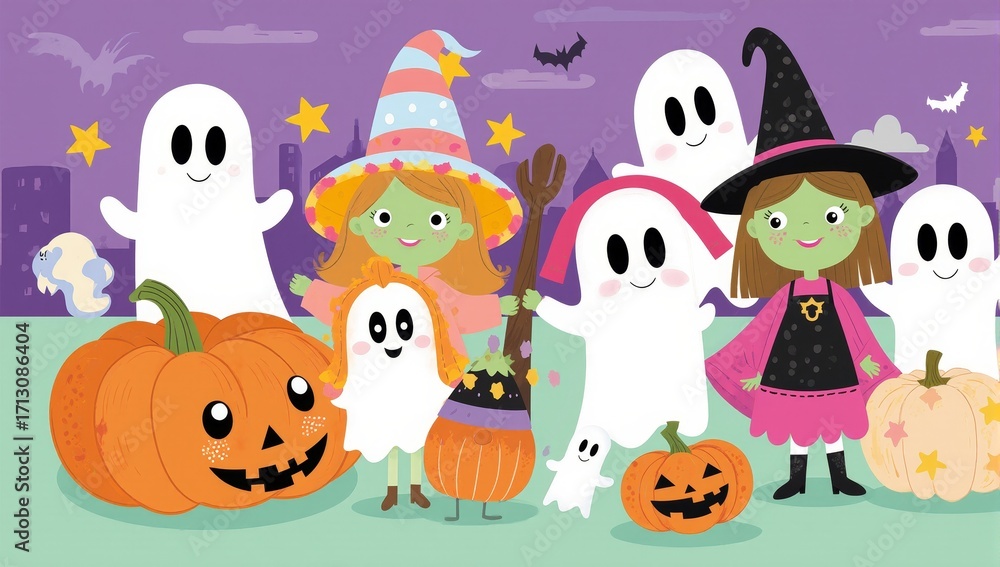 Naklejka premium Happy halloween celebration with spooky ghosts pumpkins and witches for kids