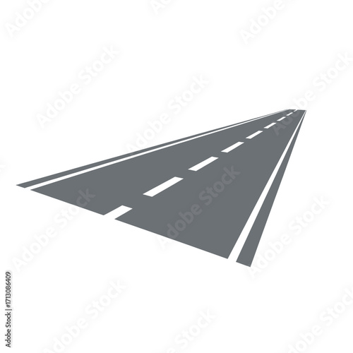 Perspective view of a gray asphalt road with white lane markings.