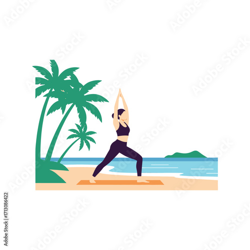 A woman practices yoga on a mat on a sandy beach with palm trees and the ocean in the background.