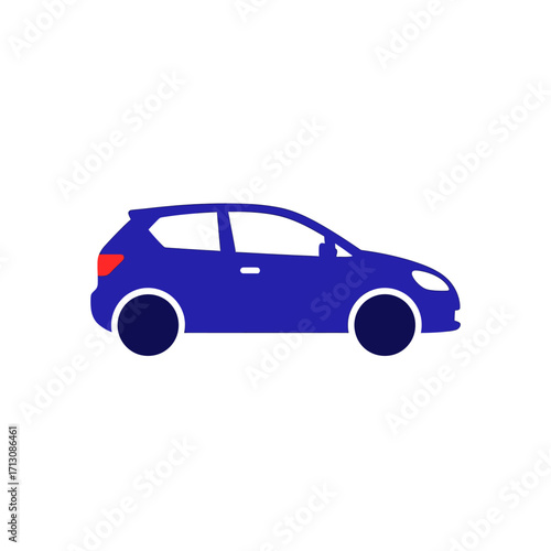 A simple, flat vector illustration of a blue hatchback car with white wheels and a red taillight.