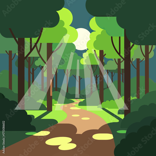 Stylized illustration of a winding forest path with sunbeams filtering through lush green trees under a bright sky, depicting a serene natural landscape.
