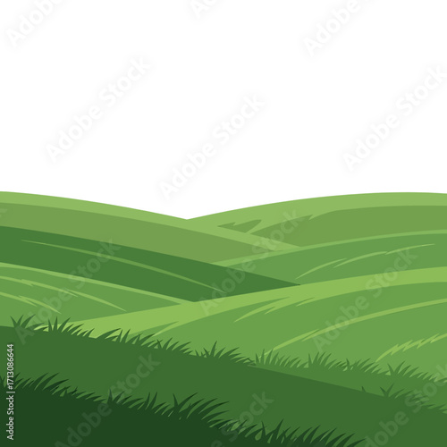 Rolling green hills and grassy landscape.