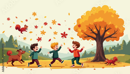 Joyful Children Playing Among Autumn Leaves