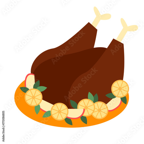 Delicious whole turkey set on a large platter. Roasted bird on a platter