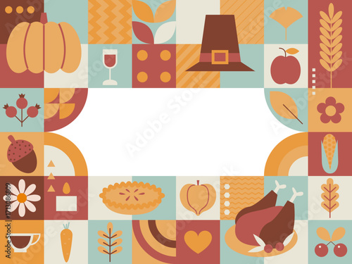 Thanksgiving background. Orange design with autumn symbols. Food and drinks. Autumn party. Fall signs, symbols, icons. Thanksgiving holiday design for banners, posters, bar menu