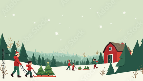 Families Collecting Christmas Trees in Snow