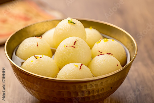 Rasgulla in Hammered Metal Bowl – Bengali Rosogolla Sweet with Saffron and Pistachio Garnish