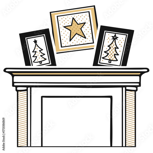 Decorative mantel with Christmas cards featuring tree and star designs  