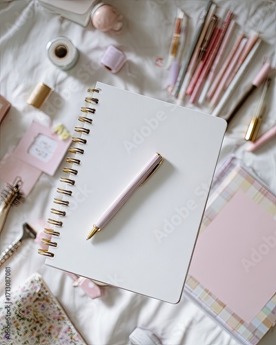 Flatlay of a blank spiral notebook with a pale pink pen atop a white surface surrounded by stationery and other craft supplies in soft pink and gold tones
