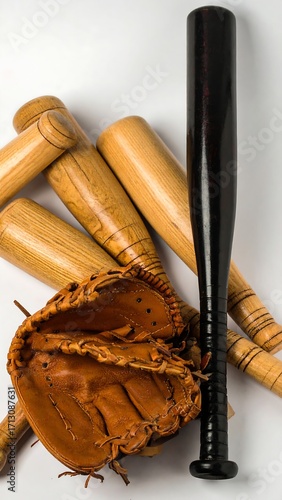 Baseball equipment on white background