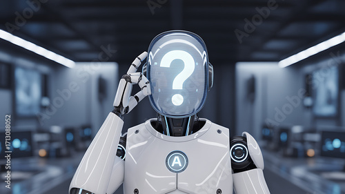 Robot with a question mark artificial intelligence concept machine learning and future technology