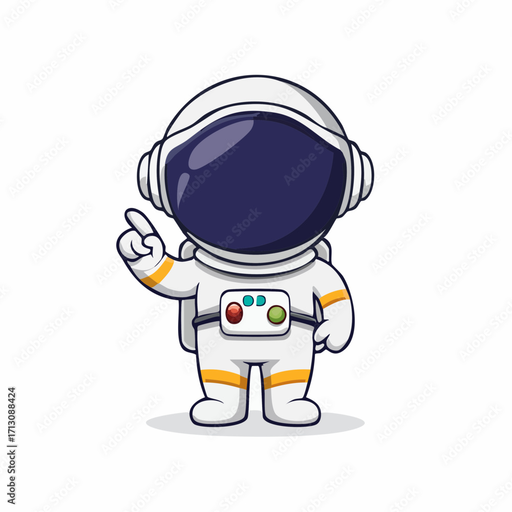 Fototapeta premium Adorable cartoon astronaut pointing upwards with a friendly expression, perfect for space-themed projects and children's content
