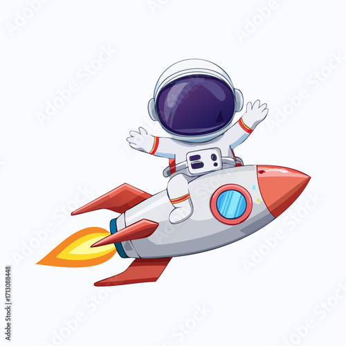 Cute cartoon astronaut joyfully riding a rocket through space, with flames erupting from the booster