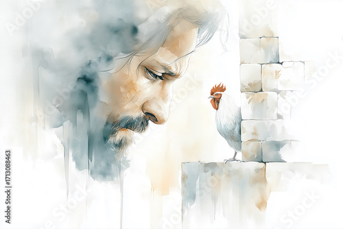 Watercolor Illustration of  Peter Denies Jesus Three Times Bible Concept 