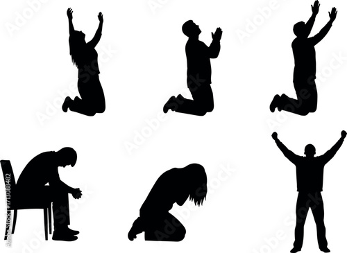 Silhouette people praying, worshiping, kneeling, sitting, raising hands, emotional poses, spiritual expression, religious gesture, hope, despair, gratitude, victory, devotion