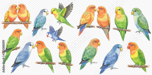A beautiful watercolor collection of colorful lovebird parrots in various poses, including pairs nuzzling, perched on branches, and flying.
