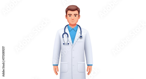 Cartoon doctor in white coat with stethoscope on white background.