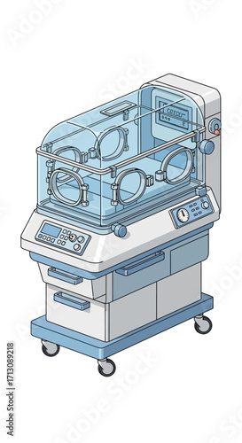 Medical incubator for premature infants on wheels.