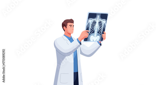 Doctor examines chest x-ray image against white background.