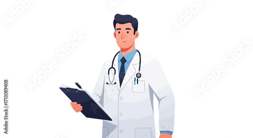 Male doctor in white coat holding a clipboard and stethoscope.