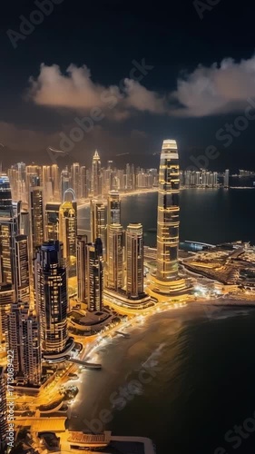 Night drone view of city lights near coast, cinematic wide aerial