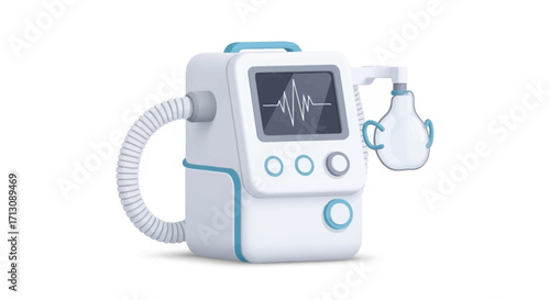Medical device with screen displaying heart rhythm on white background.