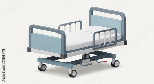 Hospital bed with adjustable features and wheels on a plain background.
