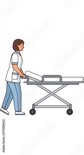 Nurse pushing a medical stretcher on a white background.