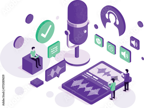 Audio recording, microphone, sound analysis, podcast editing, digital interface, user interaction, tech illustration, waveform display, isometric design, purple background