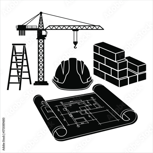 Construction Icons Crane, Ladder, Helmet, Blueprint, and Brick Wall, Building Project Elements