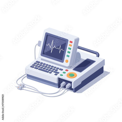 Medical device displays heart rhythm on screen with wires.