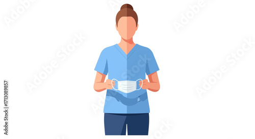 Person in blue scrubs holding a medical mask.