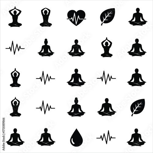 Yoga Poses and Health Symbols Silhouette Collection for Wellness and Mindfulness