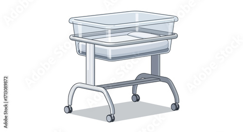 Transparent baby bassinet on a wheeled stand in a medical setting.