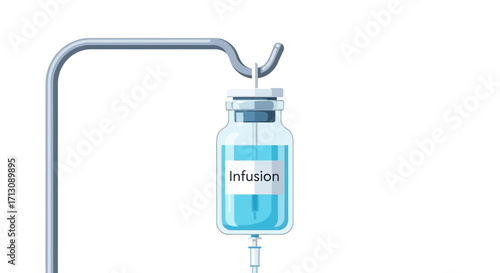 Medical infusion bag hanging from stand against white background.