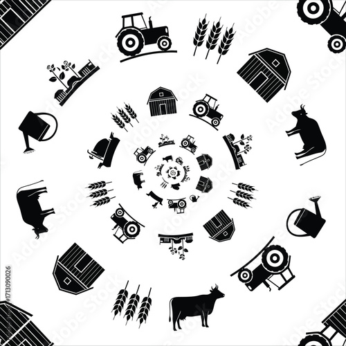 Black and white farm-themed circular pattern featuring various agricultural elements and imagery