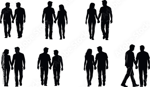 Silhouette vector of people walking hand in hand, couples and friends, black figures, relationship concept, togetherness, companionship illustration