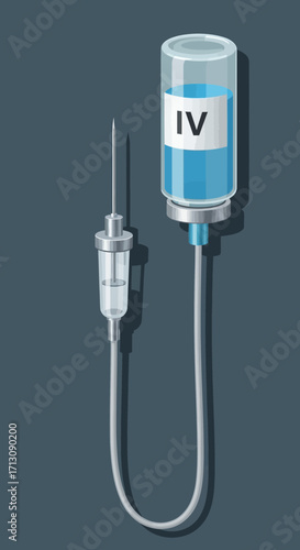 Medical intravenous drip bag with tubing and needle.