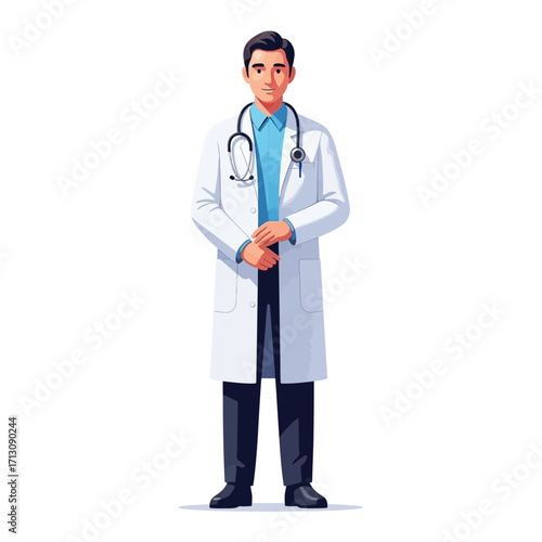 Man in white coat with stethoscope stands against white background.