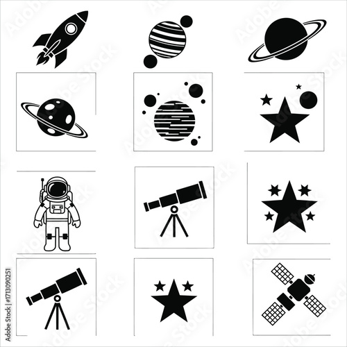 Space Exploration Icons Rocket, Planets, Stars, Astronaut, Telescope, and Satellite in Black and White