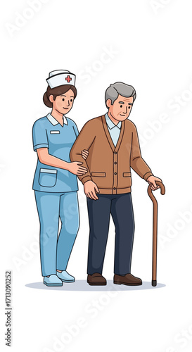 Nurse assists elderly man walking with cane indoors.