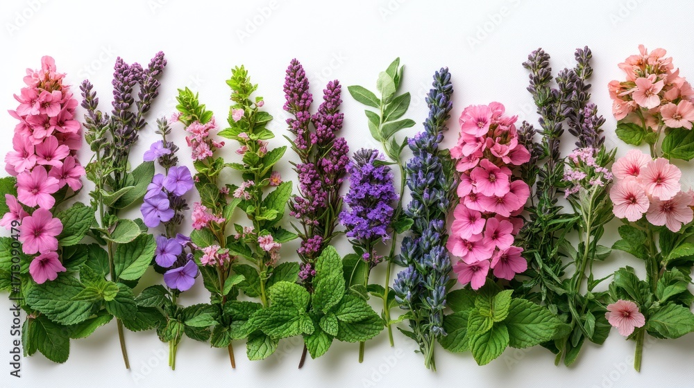 Obraz premium Vibrant Flat Lay of Fresh Spring and Summer Flowers and Herbs, including Pink Phlox, Purple Lavender, Blue Salvia, and Green Mint, Artfully Arranged on a Clean White Background