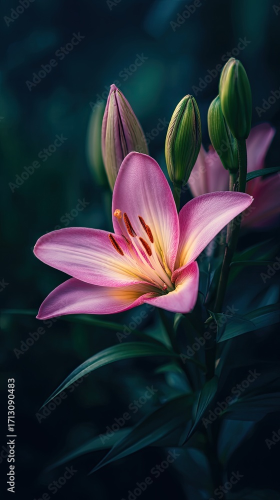Fototapeta premium A delicate pink lily in full bloom, surrounded by unopened buds, is dramatically lit against a dark, moody background, creating a striking contrast