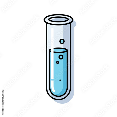 Glass test tube with blue liquid and bubbles on white background.