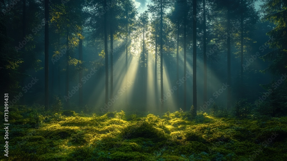 Fototapeta premium Enchanting Sunlight Rays Piercing Through a Dense Forest Canopy Illuminating a Vibrant, Mossy Forest Floor with Ethereal Haze