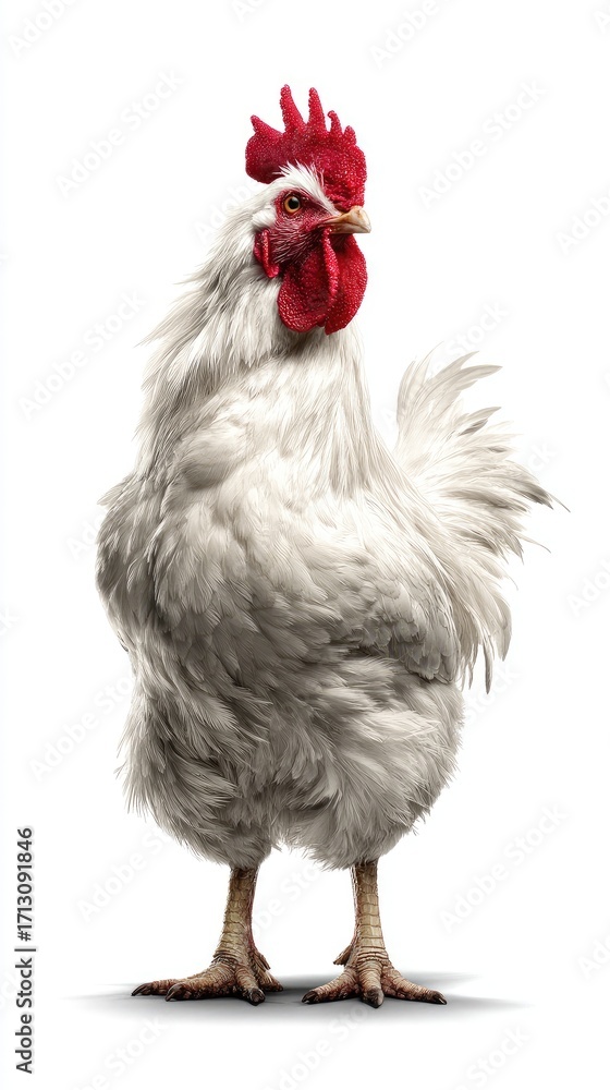 Fototapeta premium A stately white rooster, with a vibrant crimson comb, stands proudly against a plain white background.