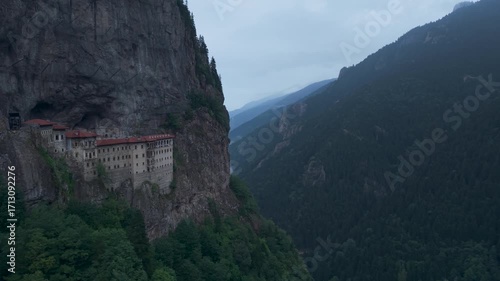 Aerial Drone View of Sumela Monastery in the Misty Mountains of Trabzon, Turkey