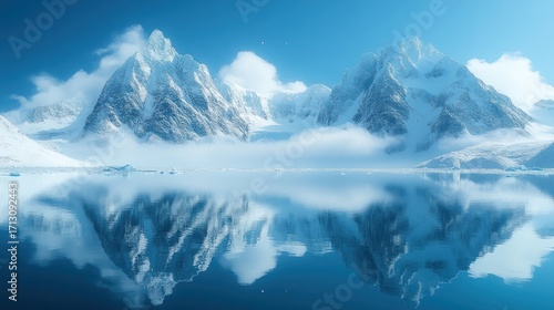 Wallpaper Mural Majestic Snow-Capped Mountains Reflecting in Pristine Icy Waters Under a Clear Blue Sky, Capturing a Serene Wilderness Scene. Torontodigital.ca