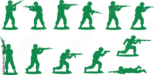 Green plastic toy soldier silhouettes in various battle positions, holding rifles, crawling, aiming, running, standing, military action figure collection on white background