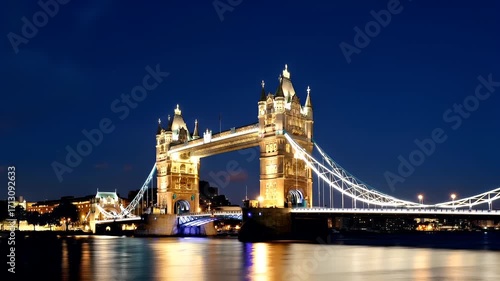 London, United Kingdom. A nighttime cityscape featuring the iconic Tower Bridge. The bridge is illuminated with a warm, golden glow, contrasting with the deep blue of the night sky.